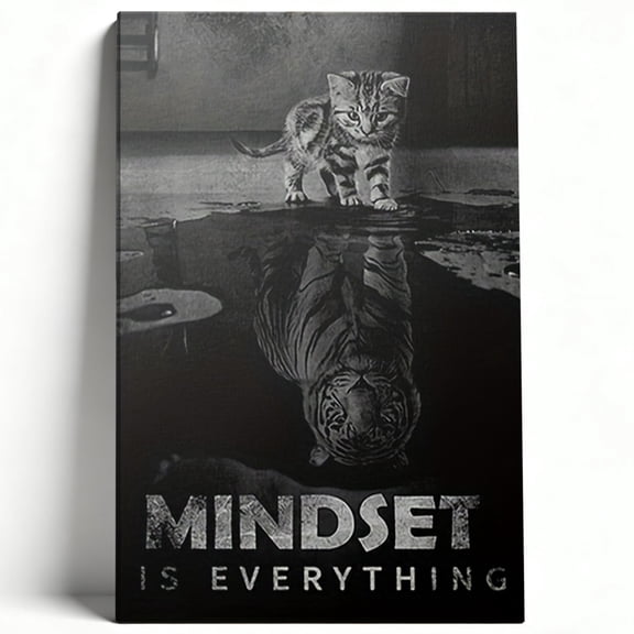 Mindset Is Everything Canvas Wall Art Cat Tiger Reflection Painting Motivational Office Bedroom Living Room Decor Print Ready to Hang 16*24