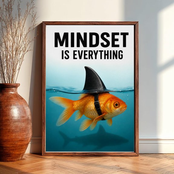 Mindset Is Everything Goldfish Shark Motivational Ocean Wall Art Mindset Decor Print, Unframed Paper Print