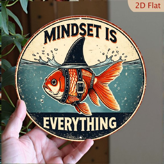 Mindset Is Everything Vintage Koi Fish Shark Fin Round Metal Wall Art 8x8 Inch Decorative Aluminum Sign