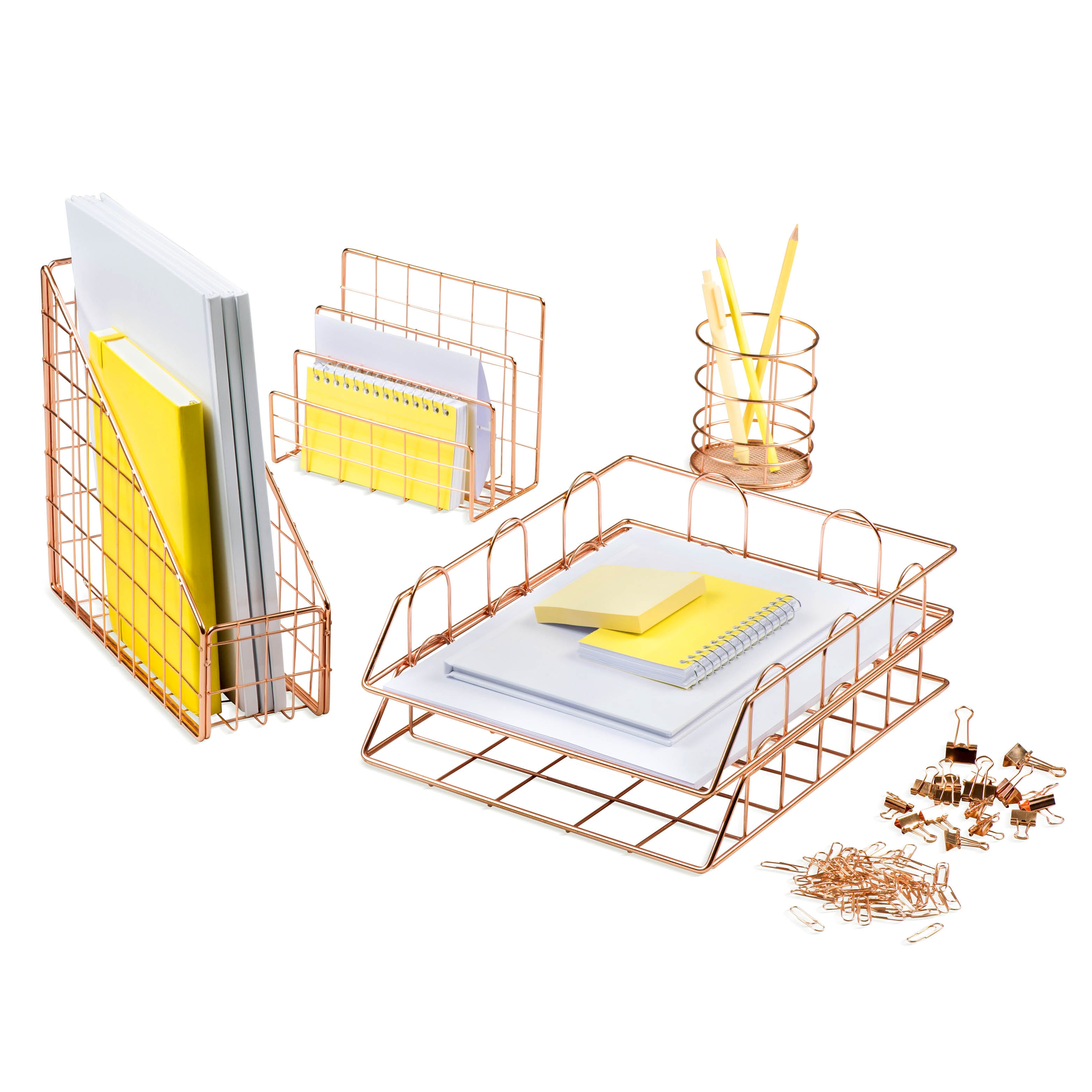 Rose Gold Wire 5-Piece Desk Organizer Set with Accessories