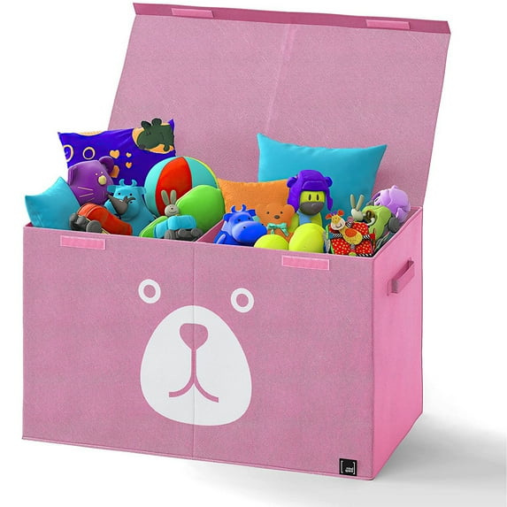 Mindspace Toy Storage Bin Double Compartment Collapsible Toy Chest for Stuffed Animals and Kids Toys Pink Bear
