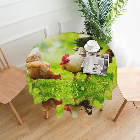 Mindunm Farm Rustic Chickens Round Tablecloth :: Washable Polyester Round Tablecloth-Perfect for Buffet Tables, Parties, Picnic Lunch. -60 Inch.
