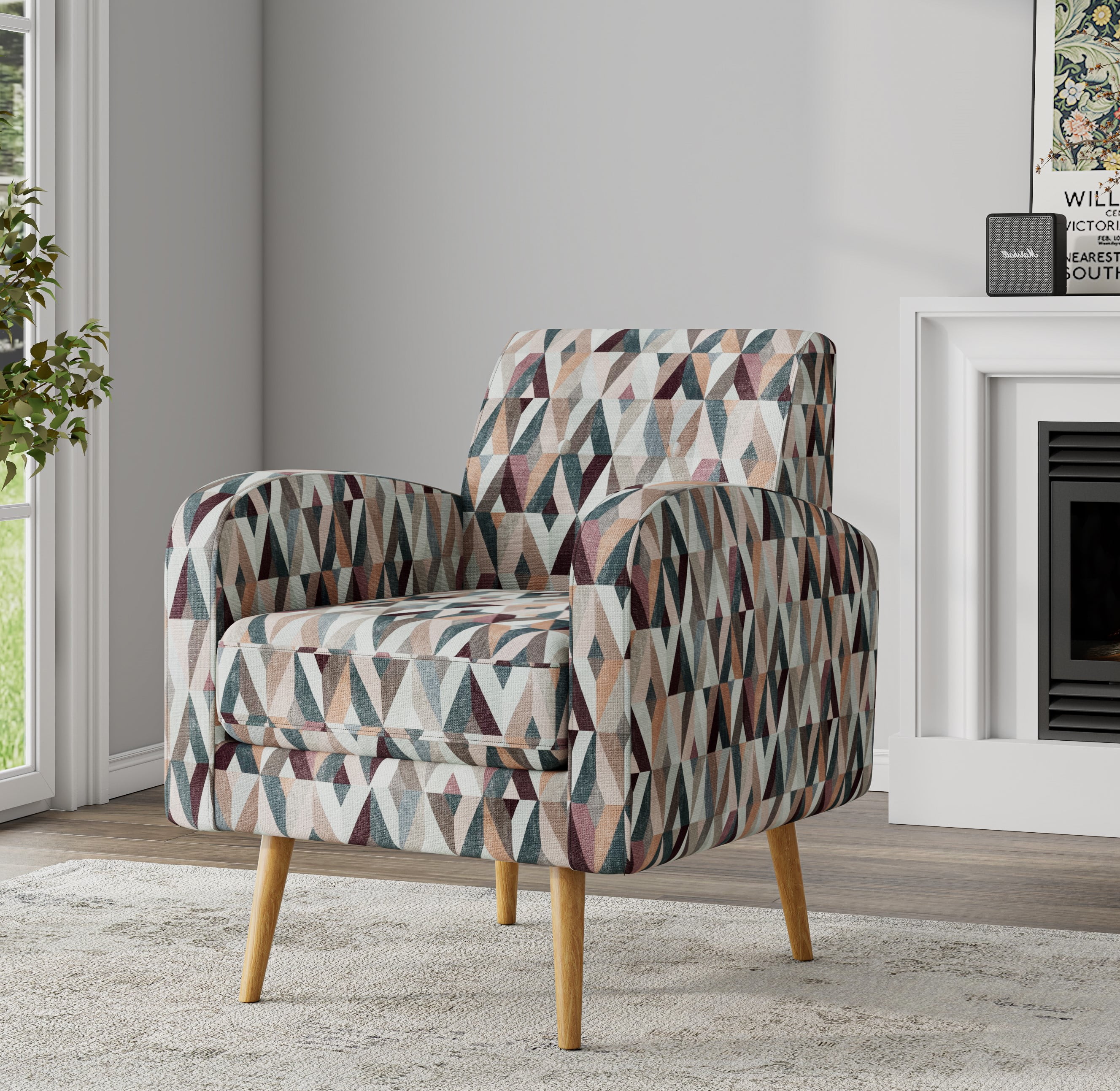 Mid-Century Modern Red and Tan Geometric Fabric Barrel Accent Chair
