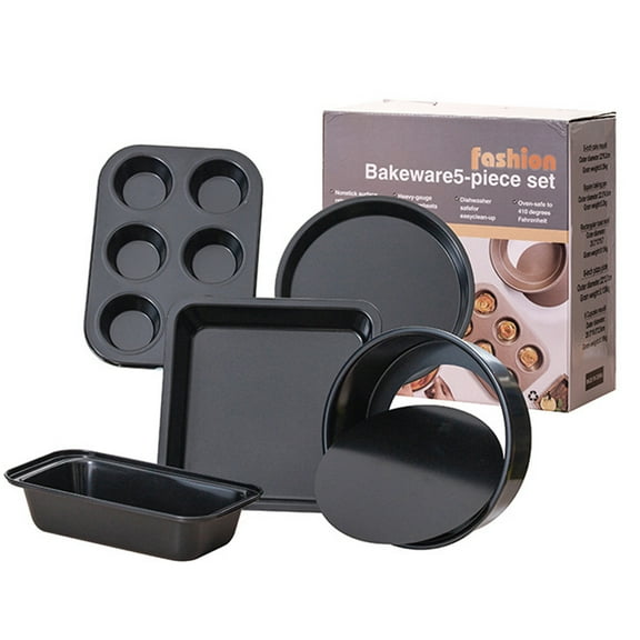 MindyLLL 5-Piece Non-Stick Baking Set, Carbon Steel Cake Pan, Pizza Pan, Loaf Pan, Square Pan & Muffin Tin, Premium Kitchen Cookware in Elegant Black