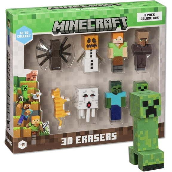 Mine Craft 3D Erasers, 8-Pack Deluxe Collector Set, 12 Iconic Characters to Collect, Own The Entire Series (Alex - Spider - CAT - Creeper - Snow Golem - Zombie - Villager - CAT)