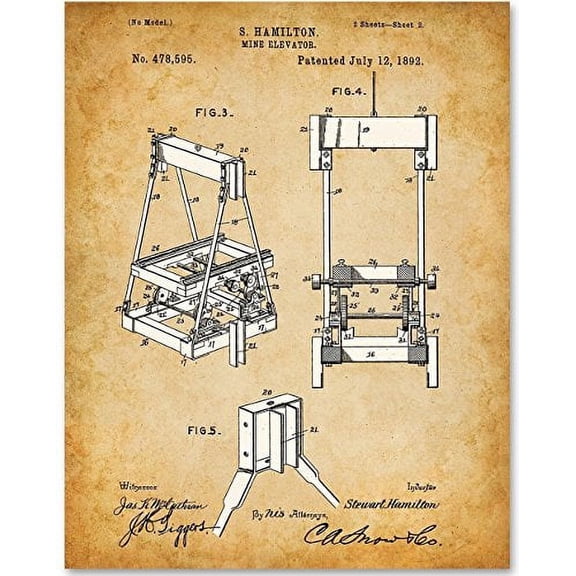Mine Elevator - 11x14 Unframed Patent Print - Great Gift for Miners or Mountain Cabins