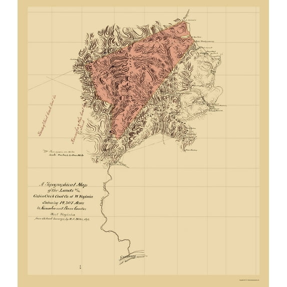 Historic Mine Map - Cabin Creek Coal Company West Virginia - Miller 1873 - 23 x 26 - Vintage Wall Art