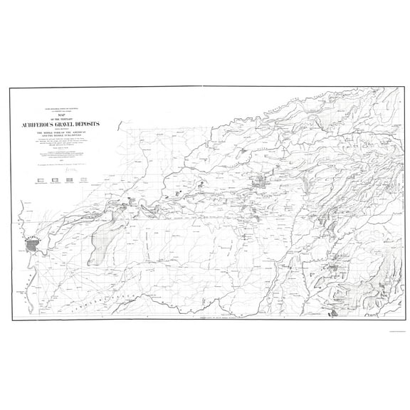 Historic Mine Map - California Tertiary Auriferous Gravel Deposits - Hoffmann 1873 - 23 x 25 - Vintage Wall Art