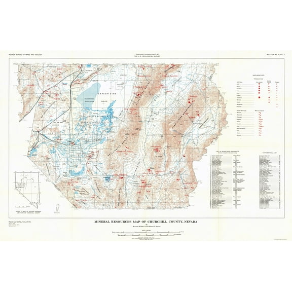 Historic Mine Map - Nevada Churchill County Mineral Resources - Willden 1955 - 35.13 x 23 - Vintage Wall Art