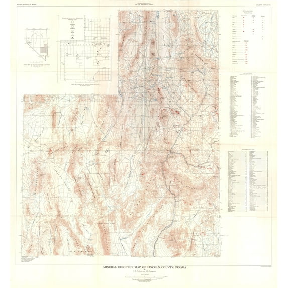 Historic Mine Map - Nevada Lincoln County Minerals Mines - Tschanz 1960 - Vintage Wall Art
