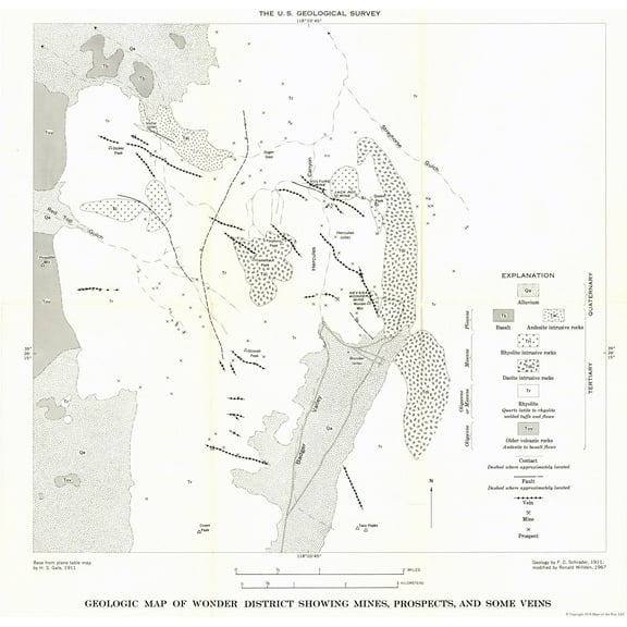 Historic Mine Map - Nevada Wonder District Mines Prospects Veins - USGS 1911 - 23.66 x 23 - Vintage Wall Art