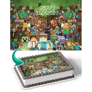 Mine Pixel Craft Pixel Creeper Steve LK Birthday Party Edible Image Cake Topper For Quarter Sheet Cake By TNCT