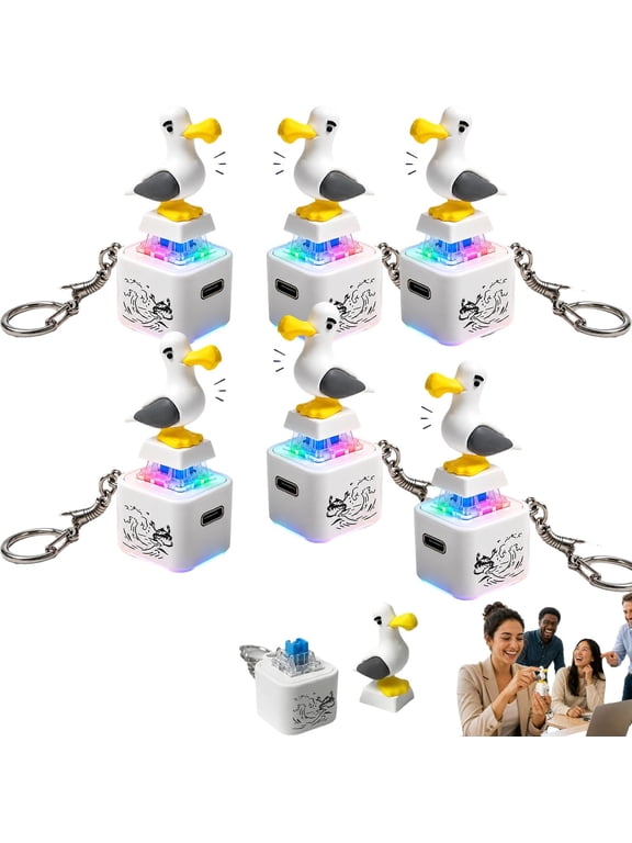 Mine Seagull Button Keychain Noise Maker, Mine Mine Mine Seagulls Fidget Toy with Real Sound LED Light, Rechargeable Interactive Stress Relief Bird Desk Accessory, 6PCS