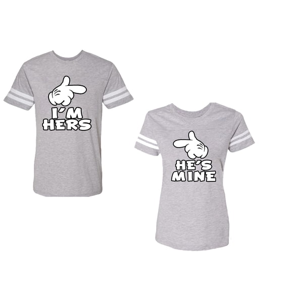 I'm Hers He's Mine Unisex Couple Matching Cotton Jersey style T-Shirt Contrasting stripes on sleeves (Men Heather / Women Heather) (Men XXXL / Women XXL)
