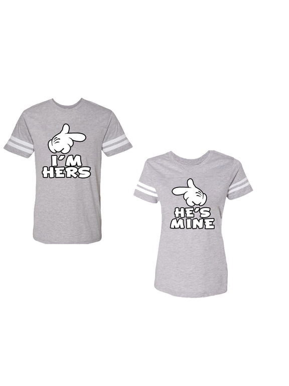 I'm Hers He's Mine Unisex Couple Matching Cotton Jersey style T-Shirt Contrasting stripes on sleeves (Men Heather / Women Heather) (Men XXXL / Women XXL)