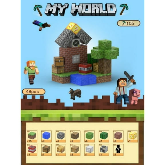 Mine-craft Hermit's Hut Magnetic Cube Building Kit with 2 Figures Mine Adventure Theme (48 Blocks)