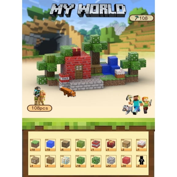 Mine-craft Private garden Magnetic Cube Building Kit with random Figures Mine Adventure Theme (108 Blocks)