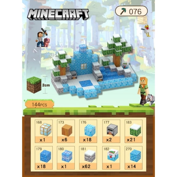 Mine-craft Snowy House Well Magnetic Cube Building Kit with random Figures Mine Adventure Theme (144 Blocks)