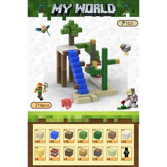 Mine-craft Waterfall Stairs Magnetic Cube Building Kit with random Figures Mine Adventure Theme (216 Blocks)