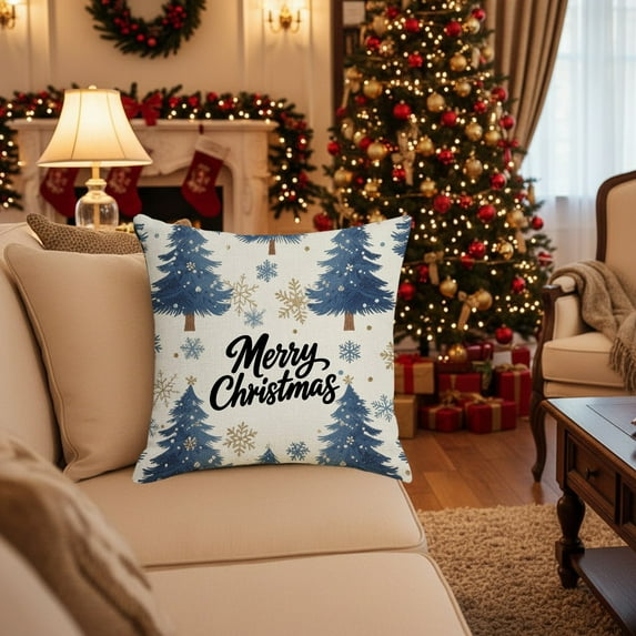 Mineart 18x18 Inch Christmas Dark Blue Pillow Set Christmas Tree Festival Design Core-Free Cushion Set for Living Room Home Holiday Decoration