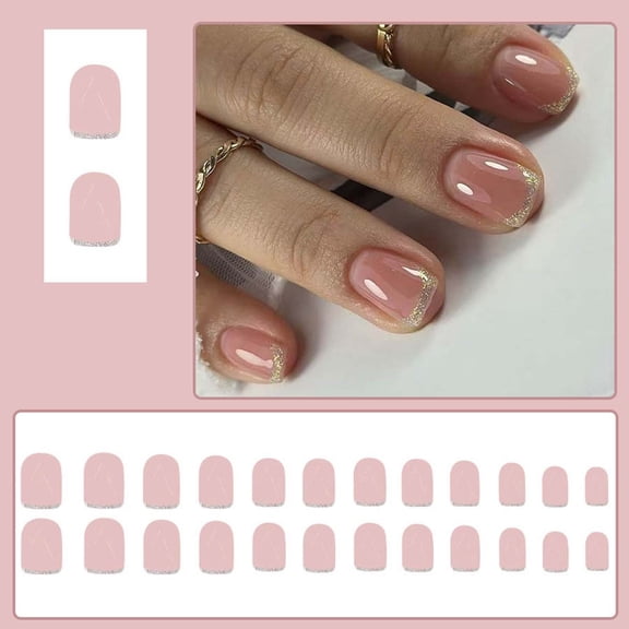 Mineart 24 Pieces Short Square Shiny French Glitter Nude Press On Nails Daily Wear Fashion Manicure Accessory
