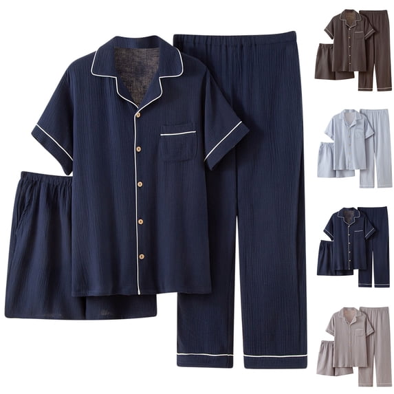 Mineart 3pcs Mens Solid Pajamas Set Thin Short Sleeve Sleepwear Long Pants with Pockets Lightweight Breathable Summer