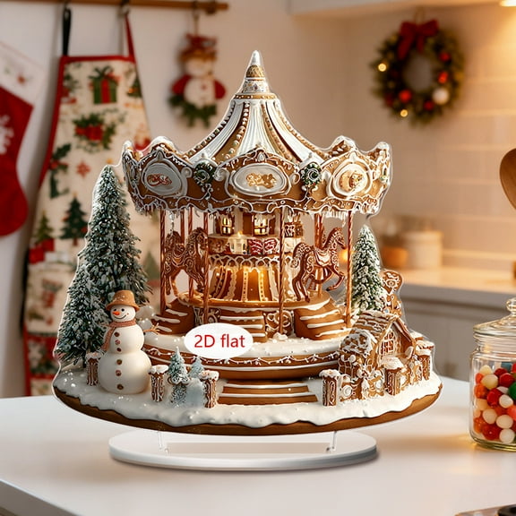 Mineart Christmas Acrylic Decor 2D Themed Carousel And Castle Ornaments, For Festive Home Display And Holiday Season Decor