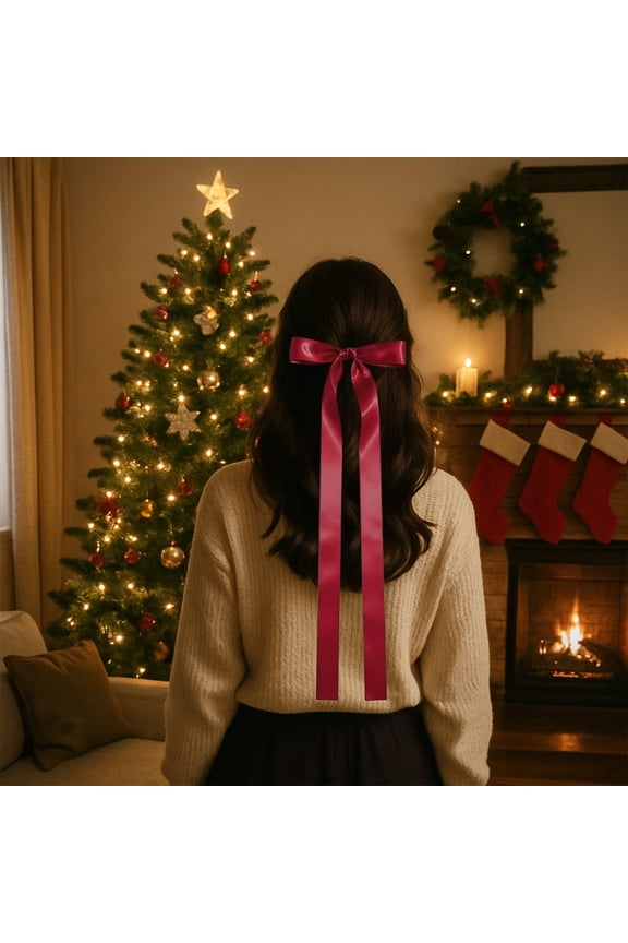 Extra Long Ribbon Hair Clip With A Large Bow, Back-of-the-head Hair Accessory, Super Girly Style Headdress, Perfect for Matching Christmas and Festive Outfits