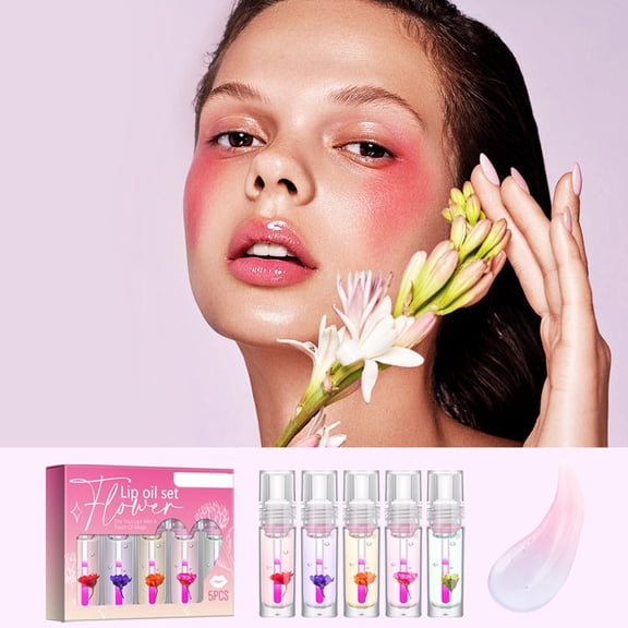 Mineart Flower Temperature Changing Lip Oil Set 5 Pieces Hydrating Nourishing Add Shine Daily Lip Care Product 0.13 Fl Oz Each