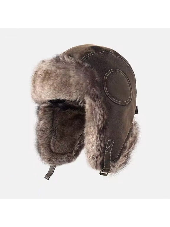 Men Aviator Hat Faux Leather Pilot Hat Wind Resistan Winter Trapper Hunting Riding Cap