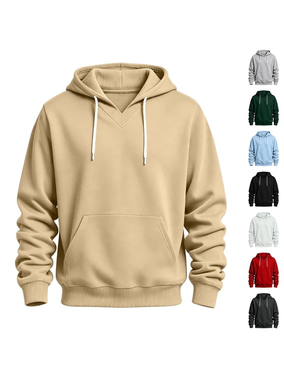Men Solid V Neck Hoodie Pullover Top with Adjustable Drawstring Hood Utility Pockets Ribbed Trim for Urban Street Outing and Back‑to‑School Prep