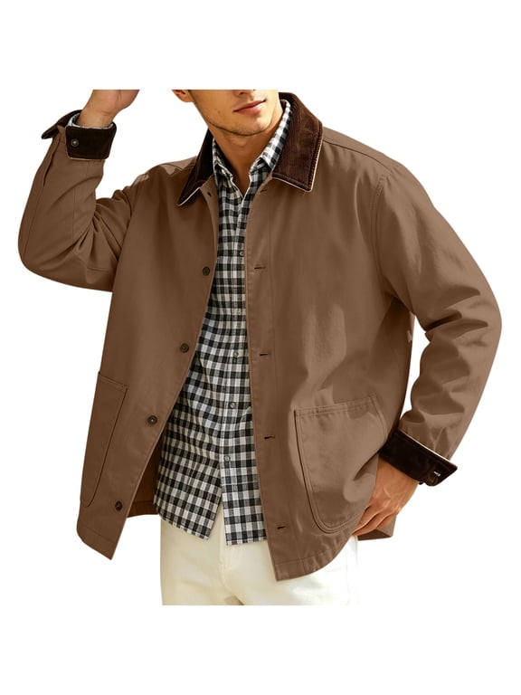 Men's Canvas Work Jacket Contrast Corduroy Collar Button Front Casual Coat with Patch Pockets