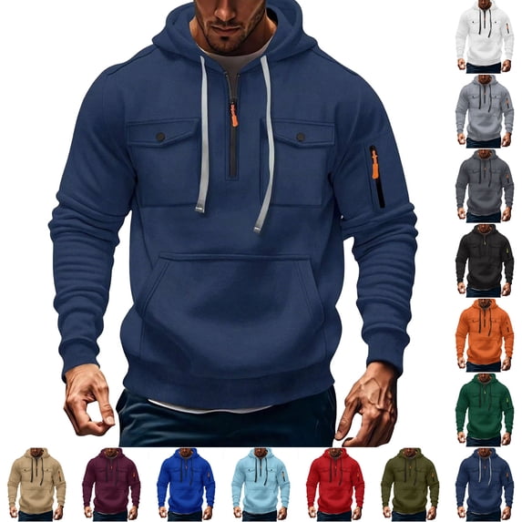 Mineart Men's Cargo Solid-Color Fashionable Pocket Quarter Zip Long Sleeve Sweatshirt Sports Ditness Training Hooded with Multiple Pockets Drawstring