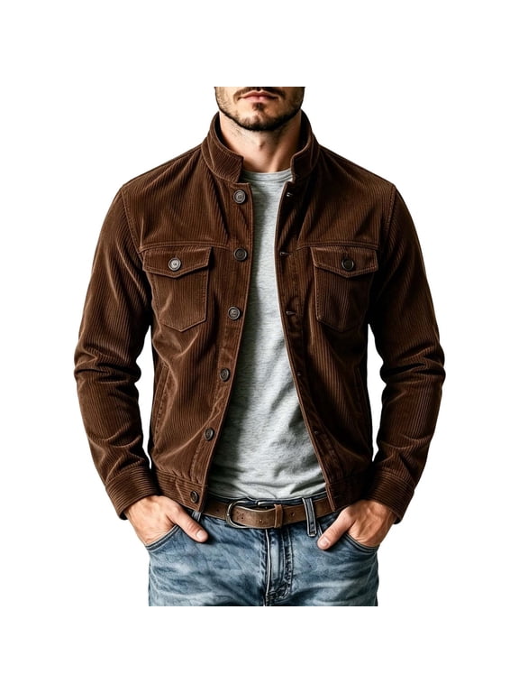 Men's Corduroy Jacket Casual Lapel Button Front Flap Pocket Trucker Coat