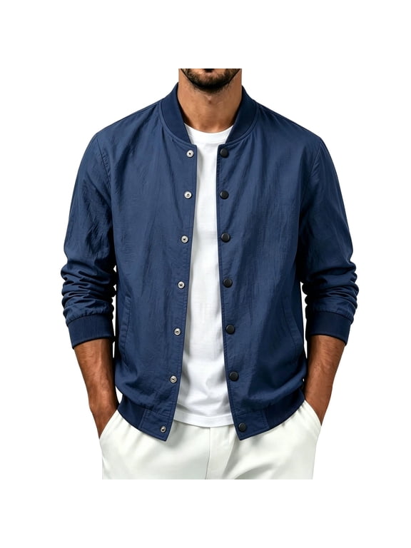 Men's Linen Bomber Jacket Snap Button Up Lightweight Casual Outer Coat
