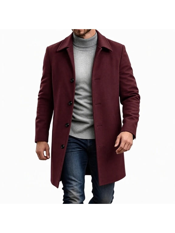 Men's Mid Length Wool Blend Pea Coat Single Breasted Overcoat