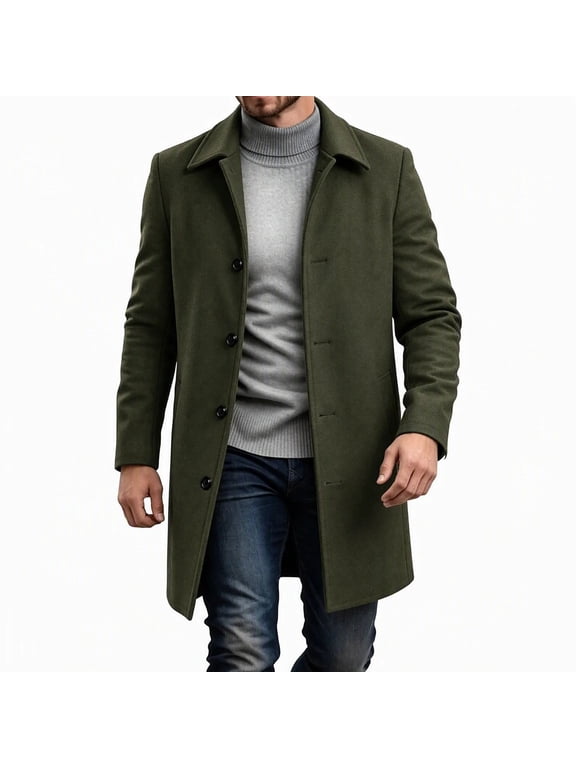 Men's Mid Length Wool Blend Pea Coat Single Breasted Overcoat