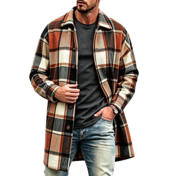 Mineart Men's Plaid Trench Coat Lapel Collar Mid Long Jacket Winter Outwear