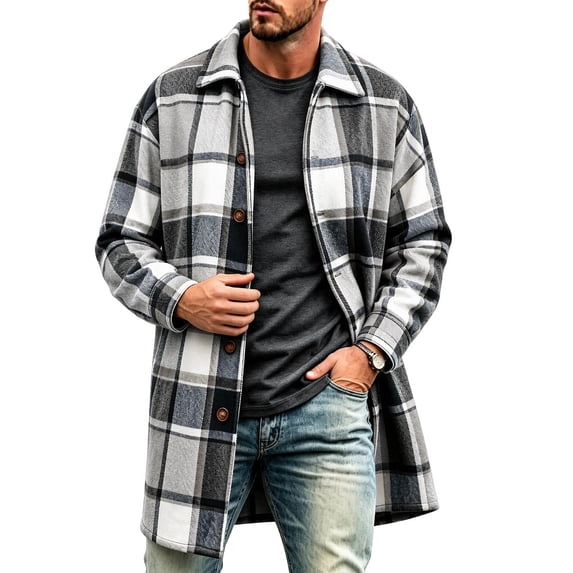Mineart Men's Plaid Trench Coat Lapel Collar Mid Long Jacket Winter Outwear