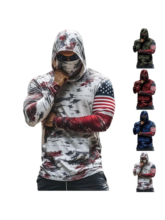 Men's Printed Shield UV Protection Skin Jacket with Hood and Face Pullover Lightweight Breathable Long Sleeve Casual Top for Summer Outdoor Hiking and Lakeside Fishing