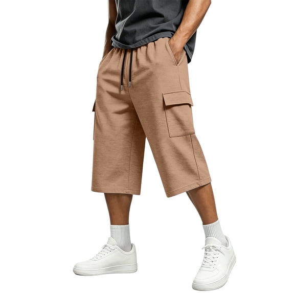 Mineart Men's Sports Cargo Capri 3/4 Casual Shorts Solid Elastic Waist Drawstring Multi-Pocket
