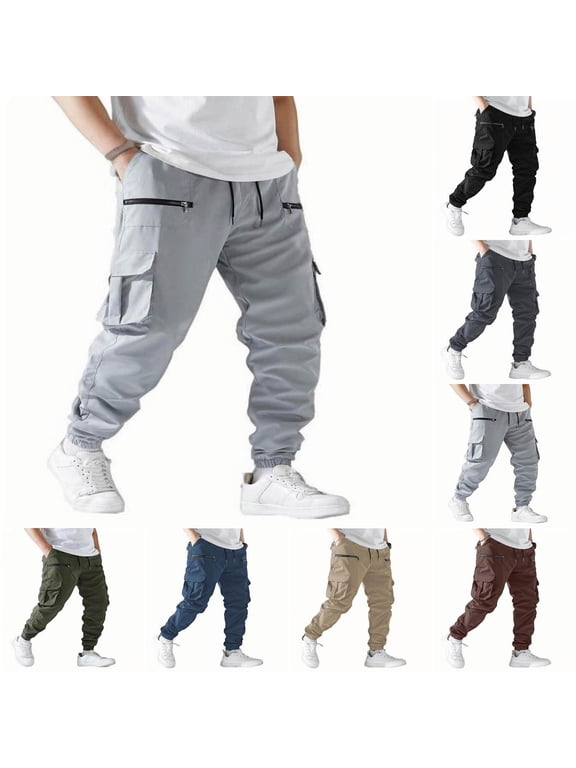 Men's Tech Style Cargo Pants with Multiple Zippered Pockets and Cuffed Hems Waterproof Lightweight Joggers