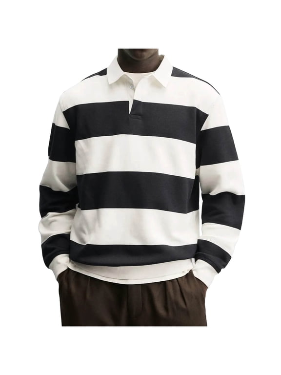 Men's Wide Striped Rugby Polo Shirt Collared Long Sleeve Button Placket Casual Pullover Top