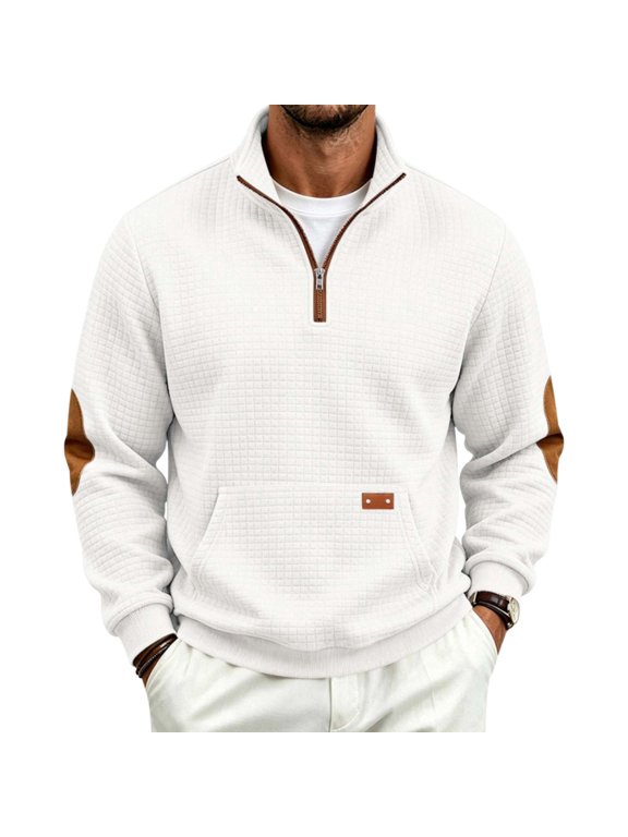 Mens Fall Fashion 2026 Vintage Knit Waffle Pullover Quarter Zip Sweatshirt Stand Collar Pullover with Elbow Patches