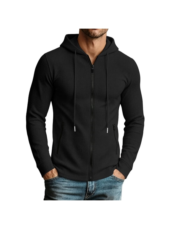 Mens Full Zip Waffle Hooded Jacket Solid Tone Drawstring Hood Zipper Side Pockets Layering Top