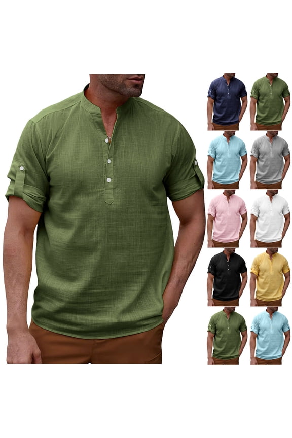 Mens Henley Shirts Lightweight Button Up Casual Tees Short Sleeve Beach Pullover V Neck Button Tee Tops Summer Beach Rollfix Blouse