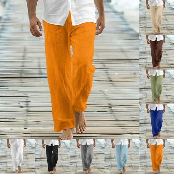 Mineart Mens Linen Pants Elastic Waist Drawstring Loose Fit Casual Summer Beach Pants with Pockets Baggy