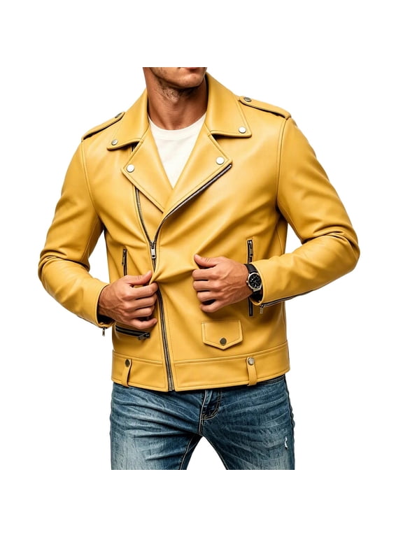 Mens Slim Fit Lapel Collar Motorcycle Faux Leather Zipper Jackets