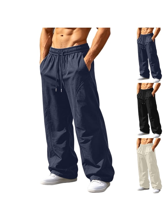 Mens Wide Leg Trousers with Angled Hem Slight Flare Pants Casual Drawstring Elastic Waist Loose Fit Fall Long Trousers
