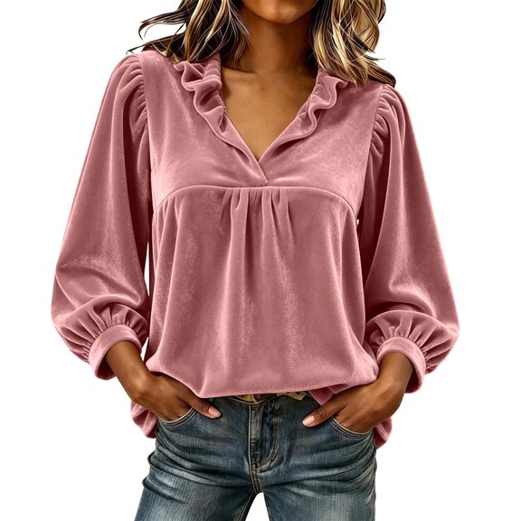 Mineart Ruffled V-Neck Velvet Babydoll Blouse Women Lantern Long Sleeve Christmas Celebration Top Christmas Series